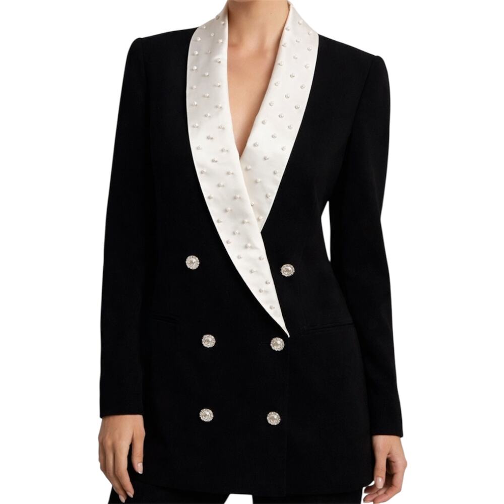 Vintage 80s Leslie Fay Double Breasted Suit Jacket Pearl Beaded Shawl White 10